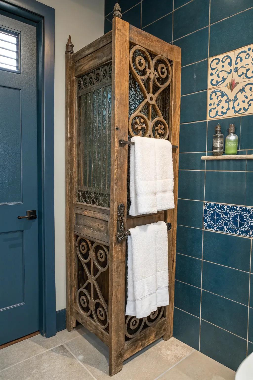 Transform tradition into style: Repurpose a vintage screen door into a unique towel holder.