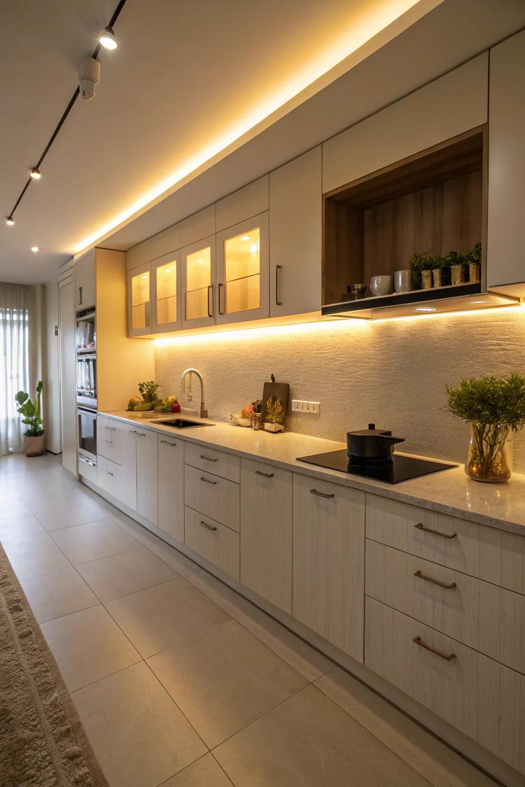 Under unit illumination lends warmth to a single-wall kitchen.