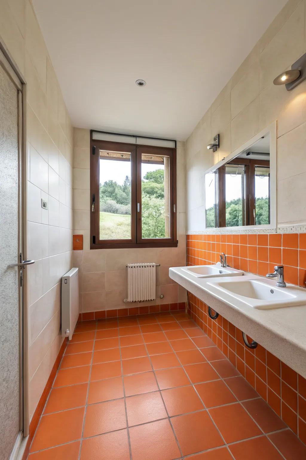 Orange flooring makes a daring statement within the bathroom.