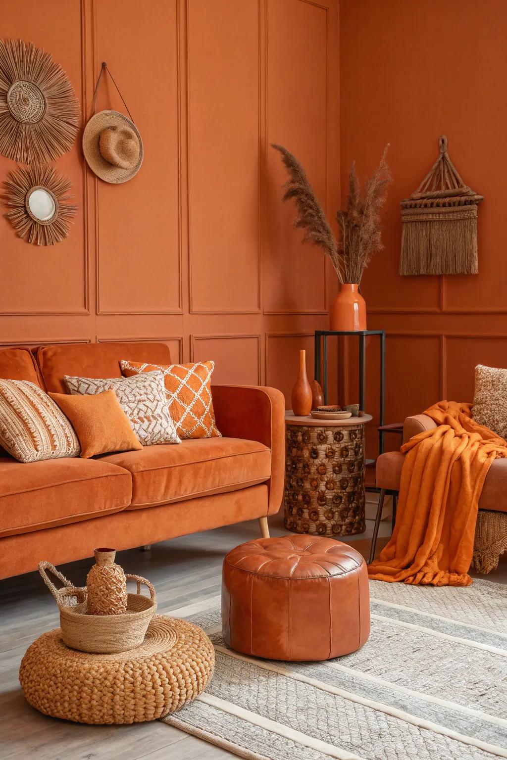 A monochromatic orange palette crafts a bold and welcoming space.