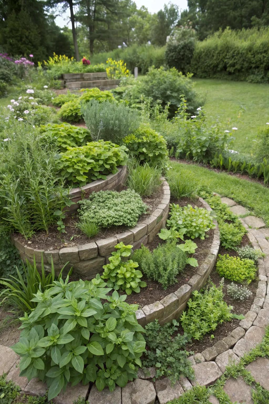 An herb wind optimizing space and fashioning a functional garden feature.