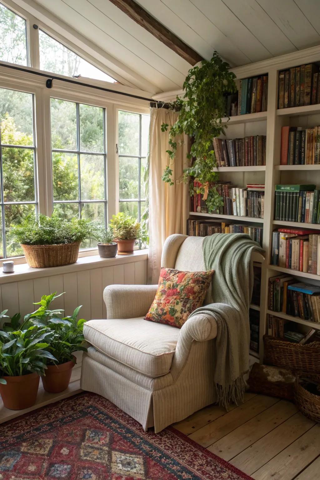 A reading alcove providing a quiet escape in a garden location.