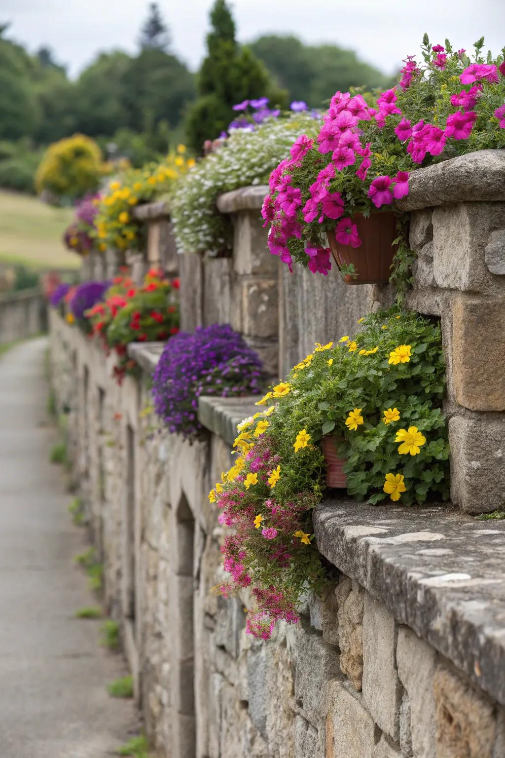 Planters within stone walls fashion vibrant garden accents.