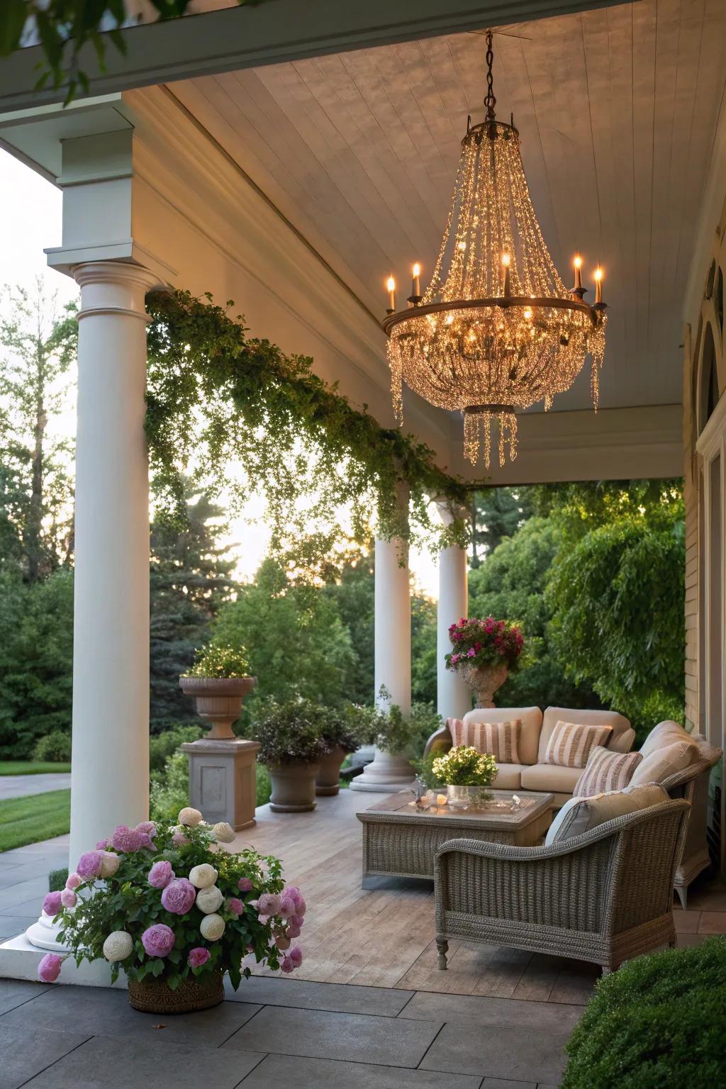 Hanging lights add an unexpected touch of luxury to porches.