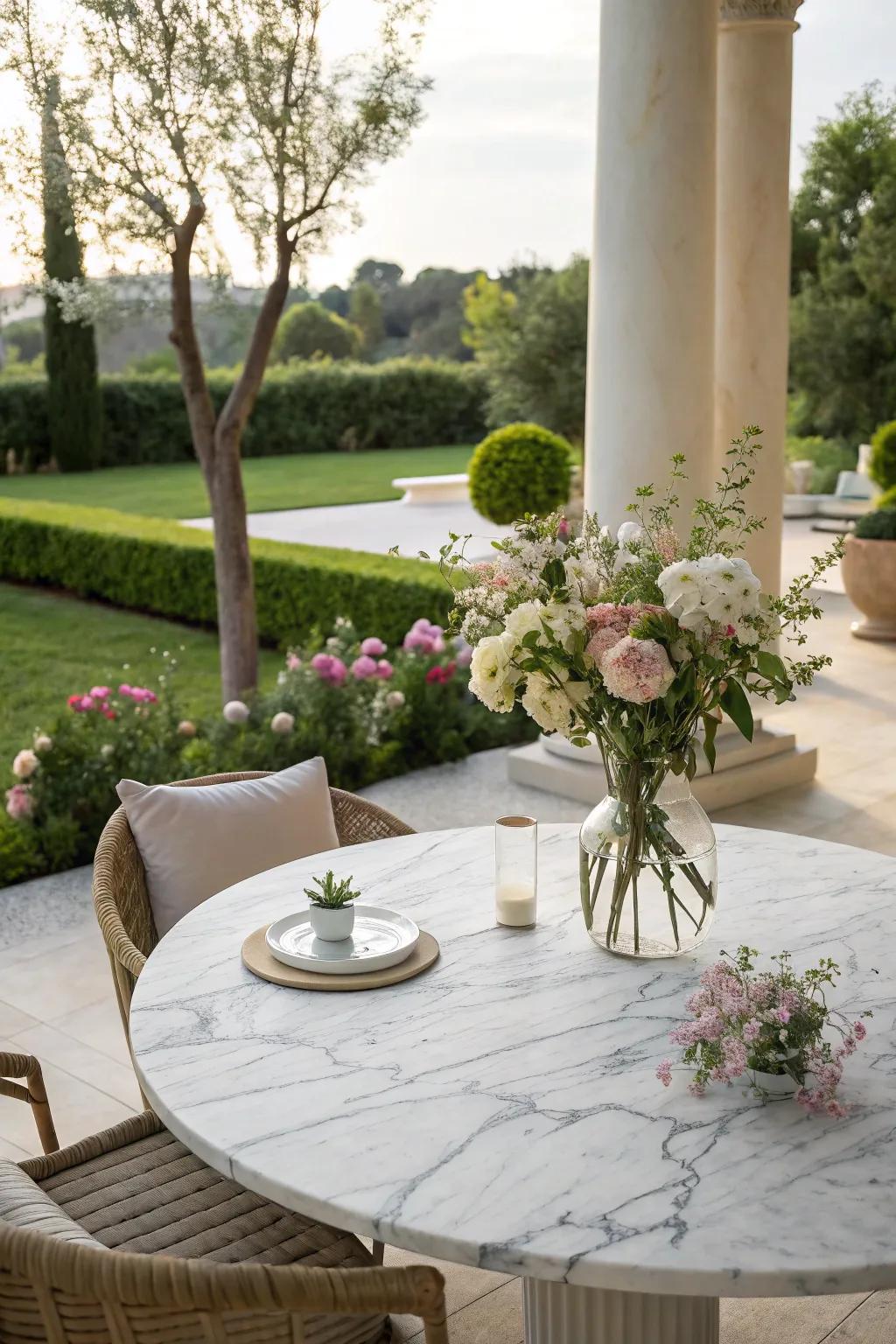 Rock table tops offer timeless elegance and luxury to outdoor spaces.