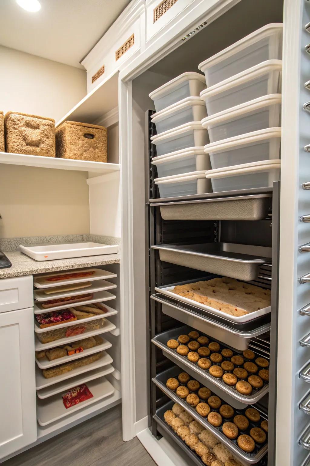 Vertical dividers in a pantry arrange trays and baking sheets efficiently.