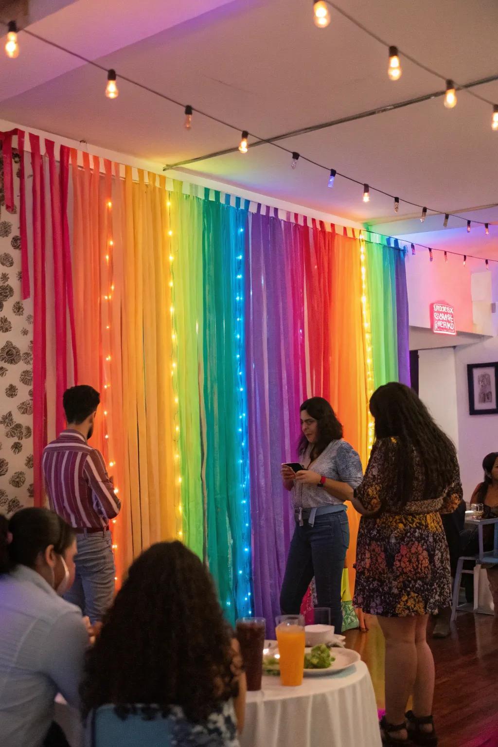 A ribbon wall creates a vibrant and adaptable party backdrop.