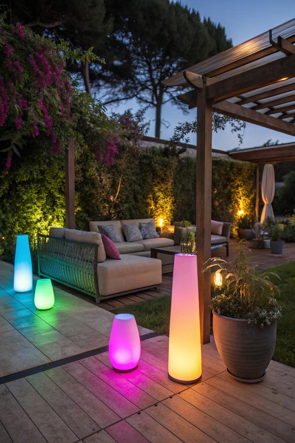 Hue-altering diodes offer a dynamic and fun illumination option for your patio.