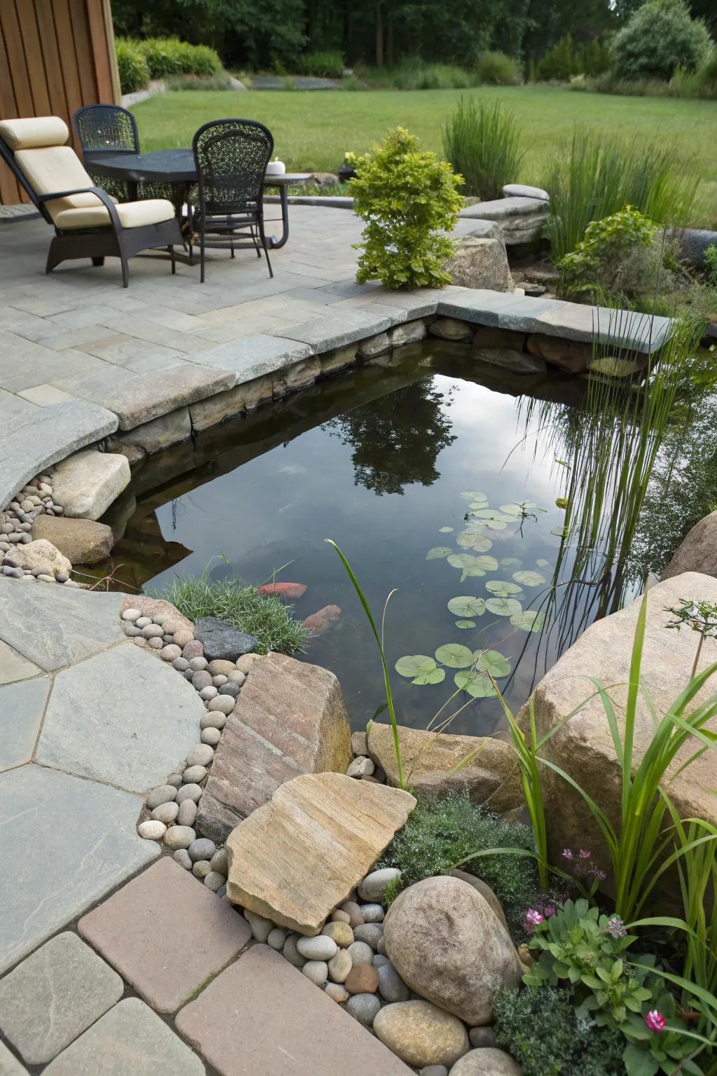 A petite pond extends a serene and picturesque element to your patio.