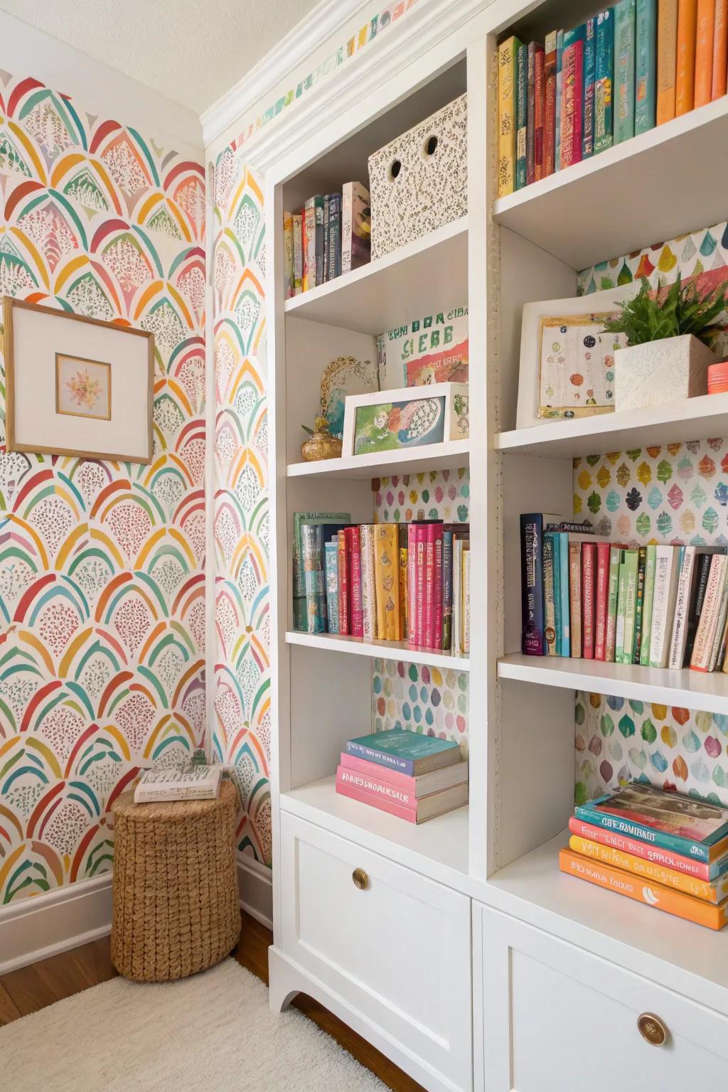 Change your bookshelf to an artwork using artistic wallpaper.