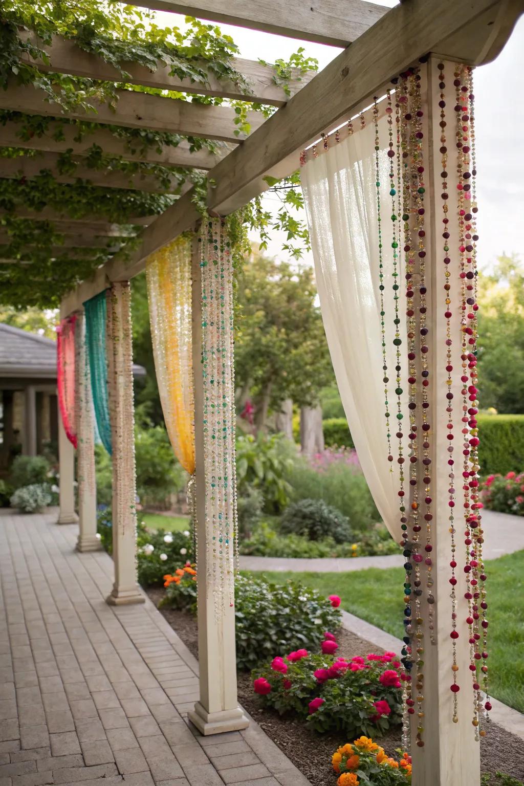 Strung pieces add a playful and bohemian touch to the pergola.