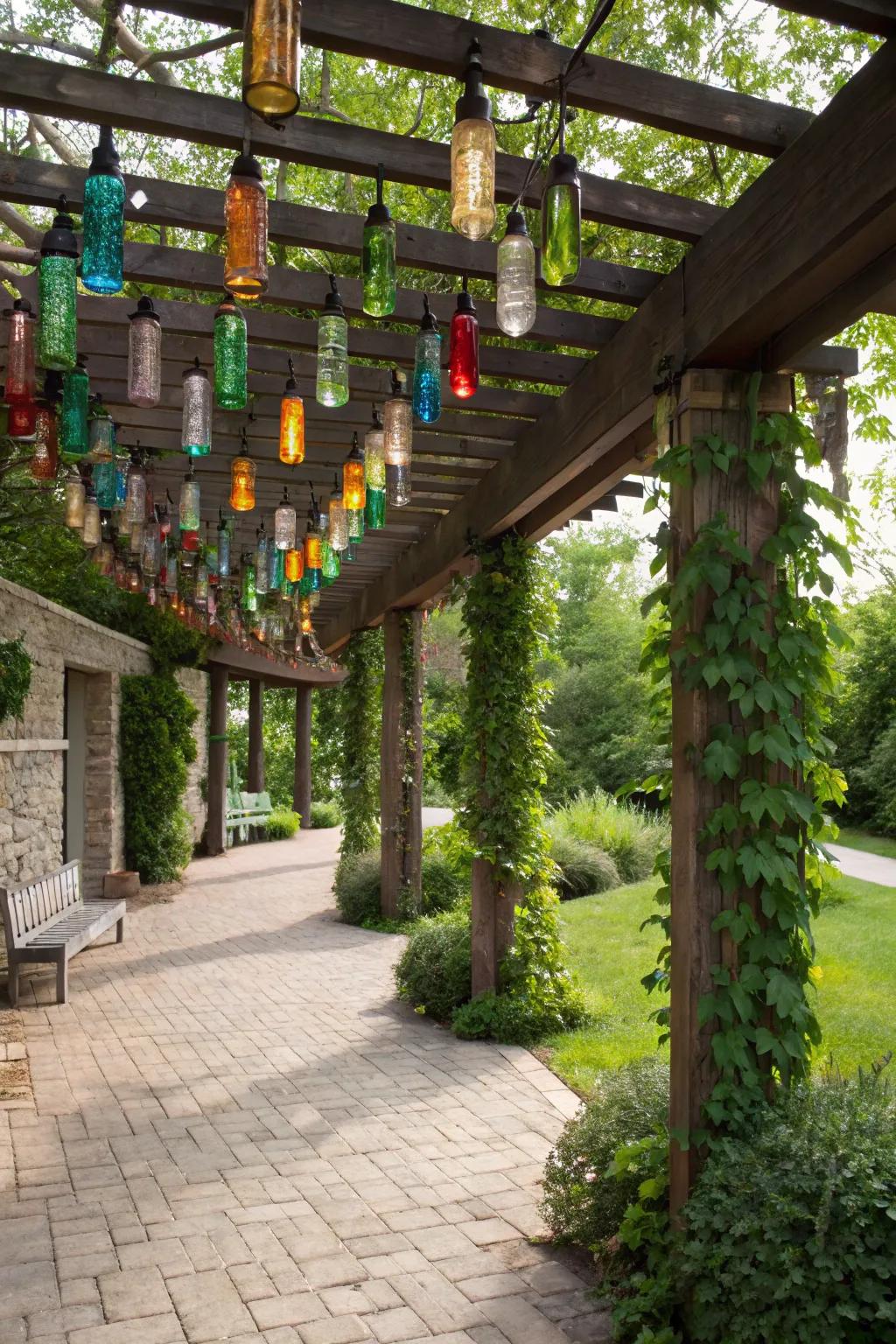 Repurposed glass flacons cultivate an enchanting and eco-friendly display.