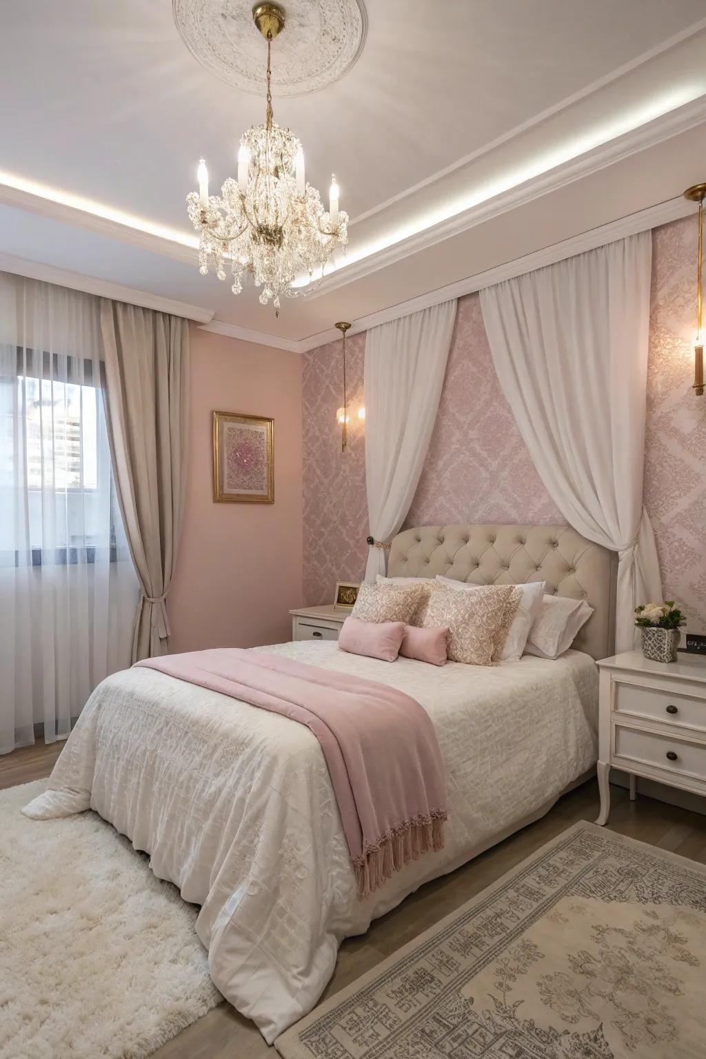 Rose pearl tones fashion a luxurious and serene bedroom escape.