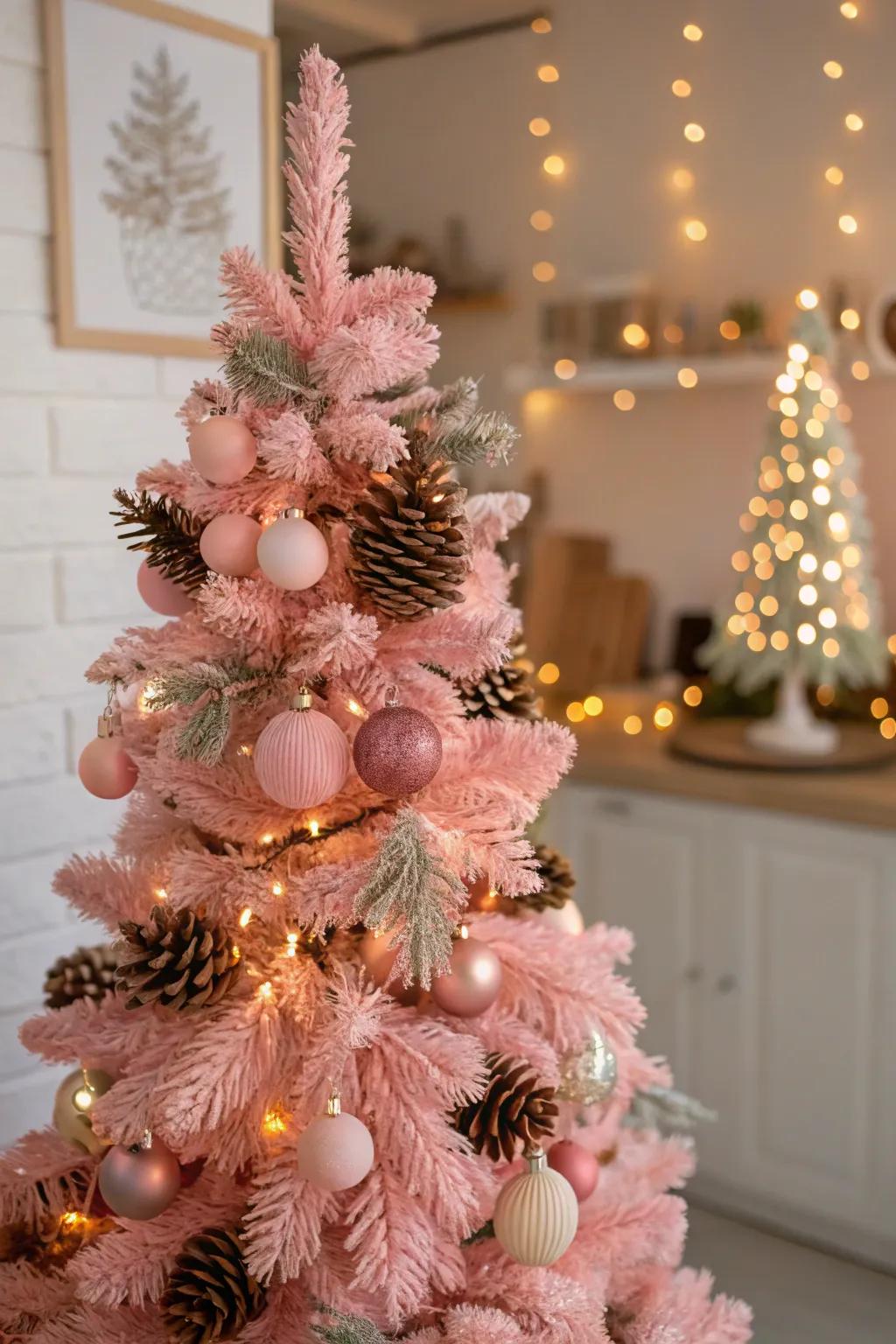 Natural elements complement the vibrant hues of this rosy tree.