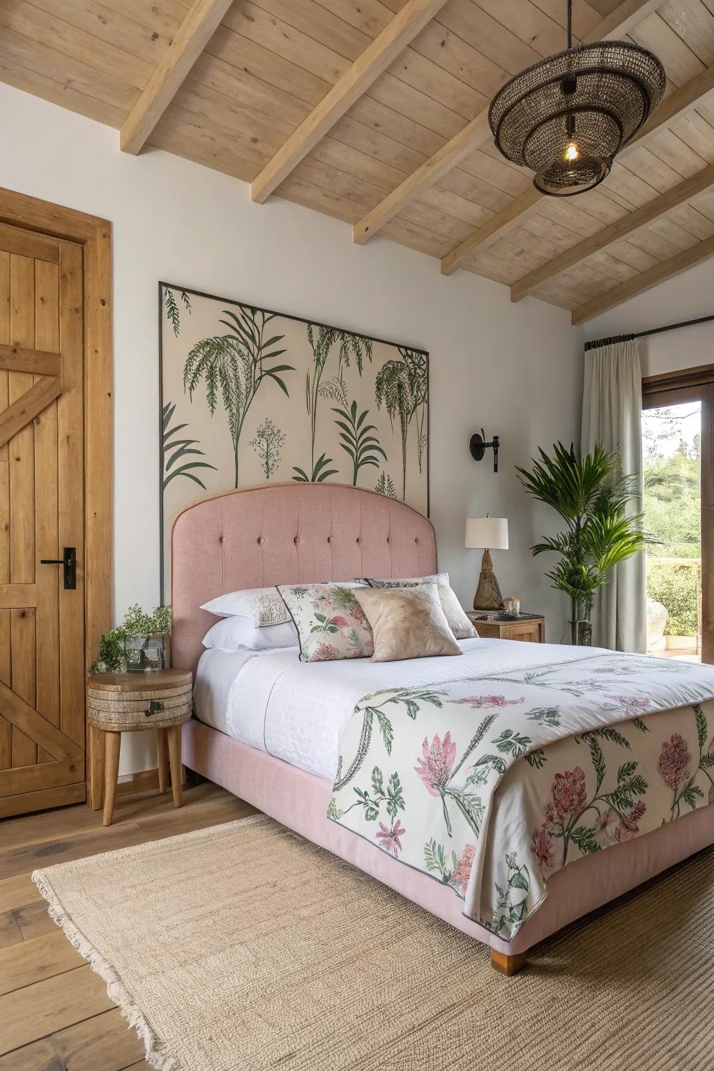 A refreshing and serene room with a printed rosy headboard featuring organic shapes.