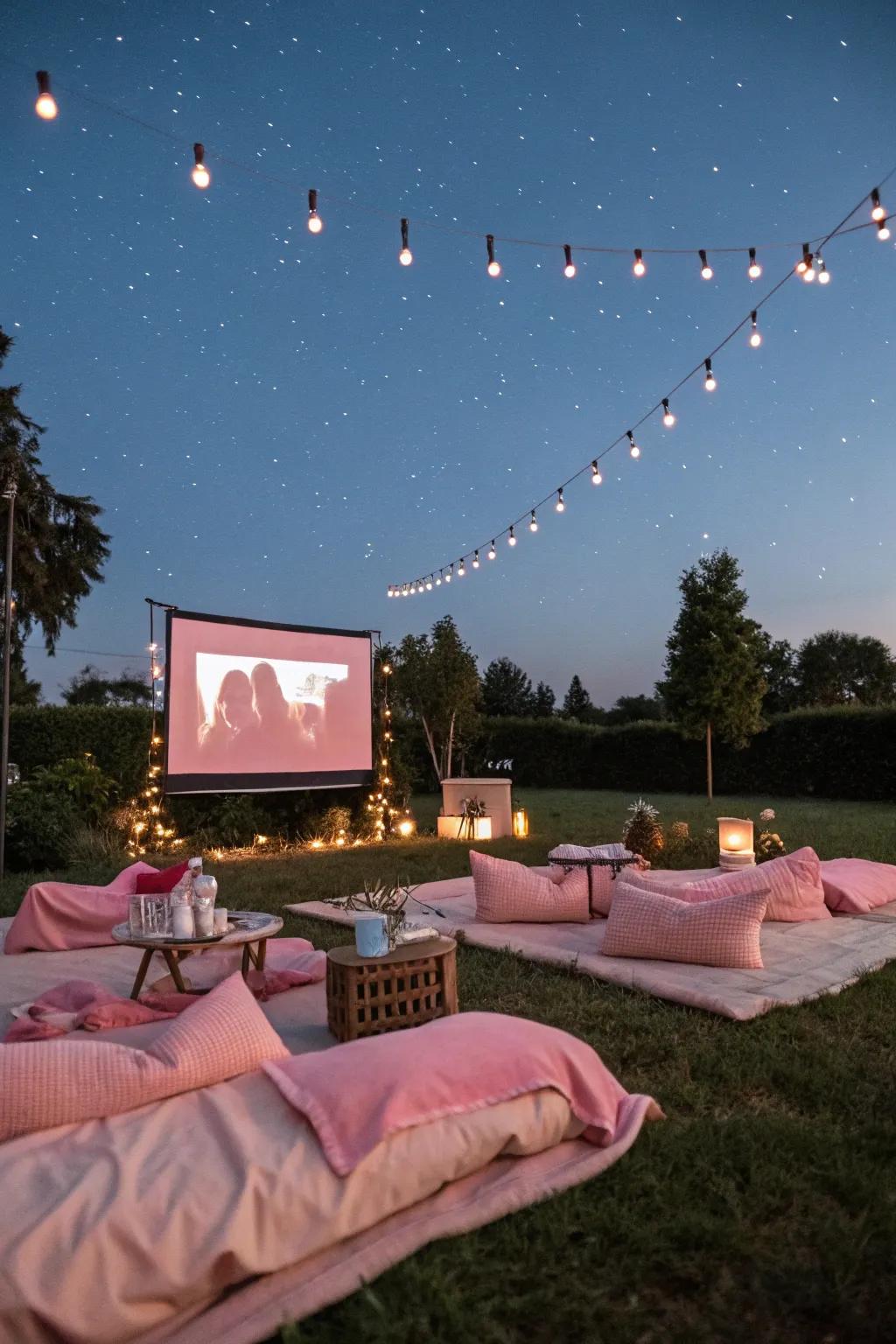 An open-air movie night with rose-colored accents allows for a cozy and stylish event.