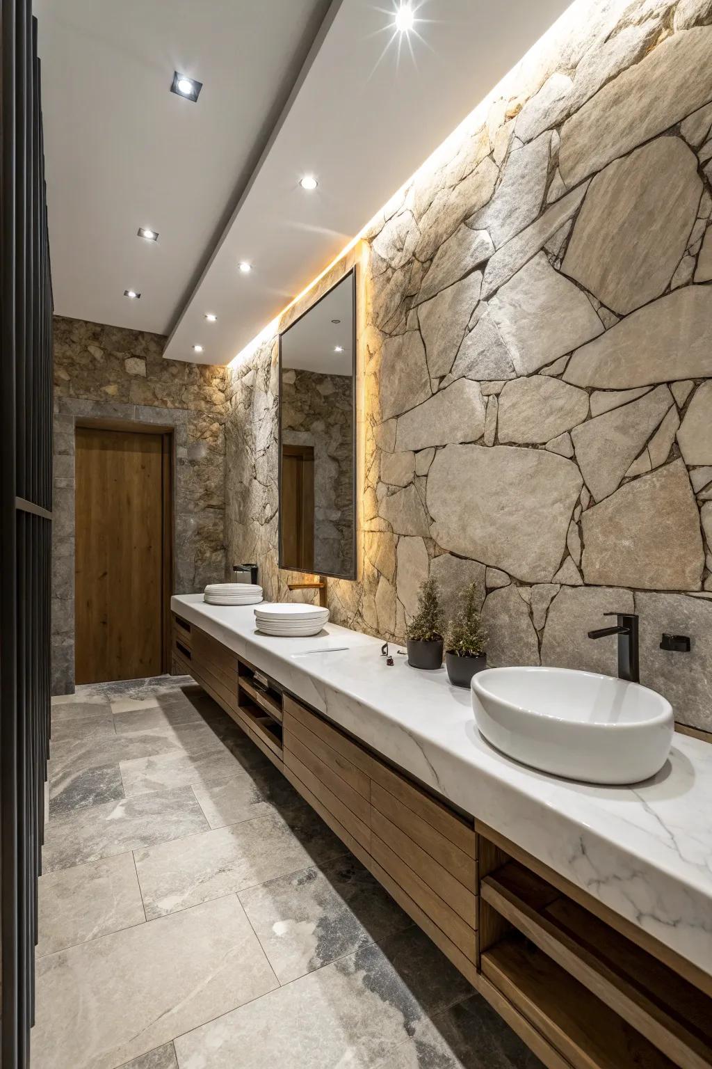Contrasting textures elevate the sophistication and visual appeal of bathrooms.