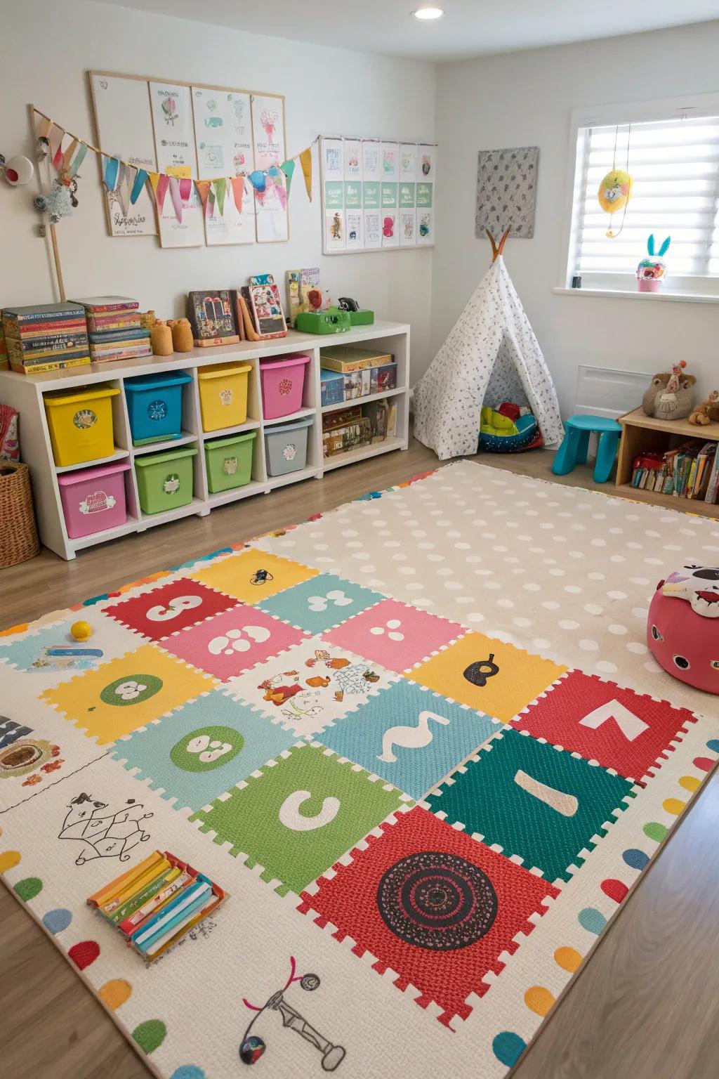 Personalized play mats add individuality to the playroom.