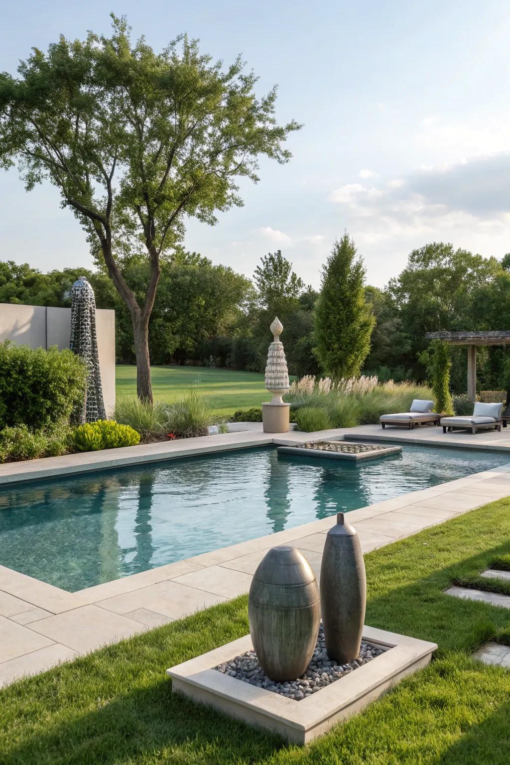 A backyard pool enhanced with elegant artistic sculptures.