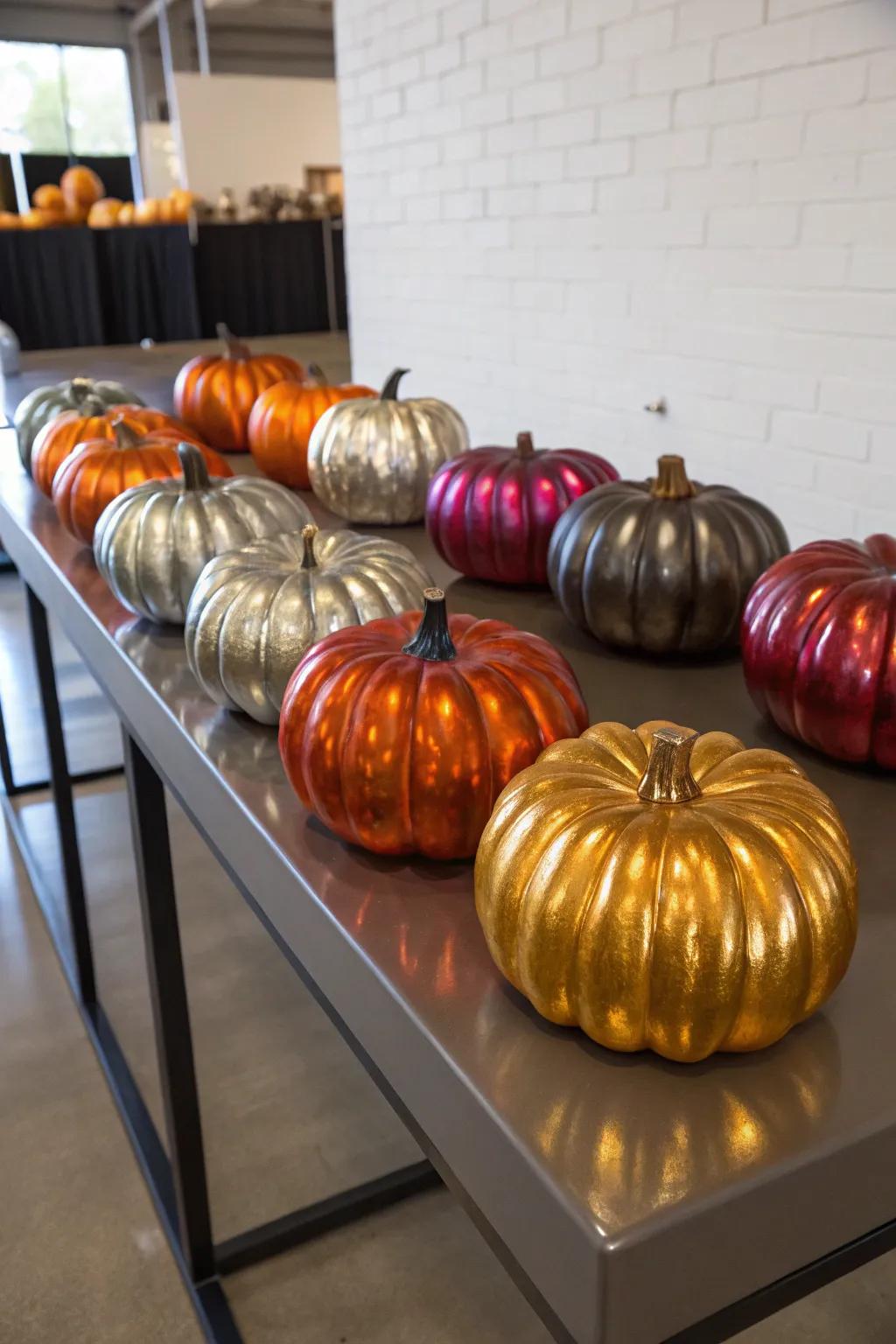 Metal pumpkins introduce a sleek and sophisticated impression.