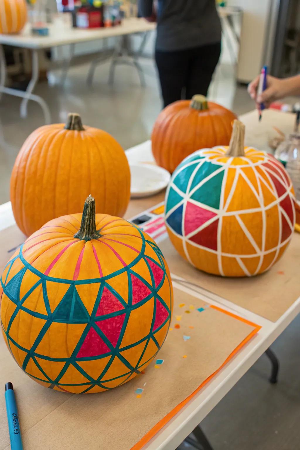 Design tape pumpkins showcasing striking geometric patterns.
