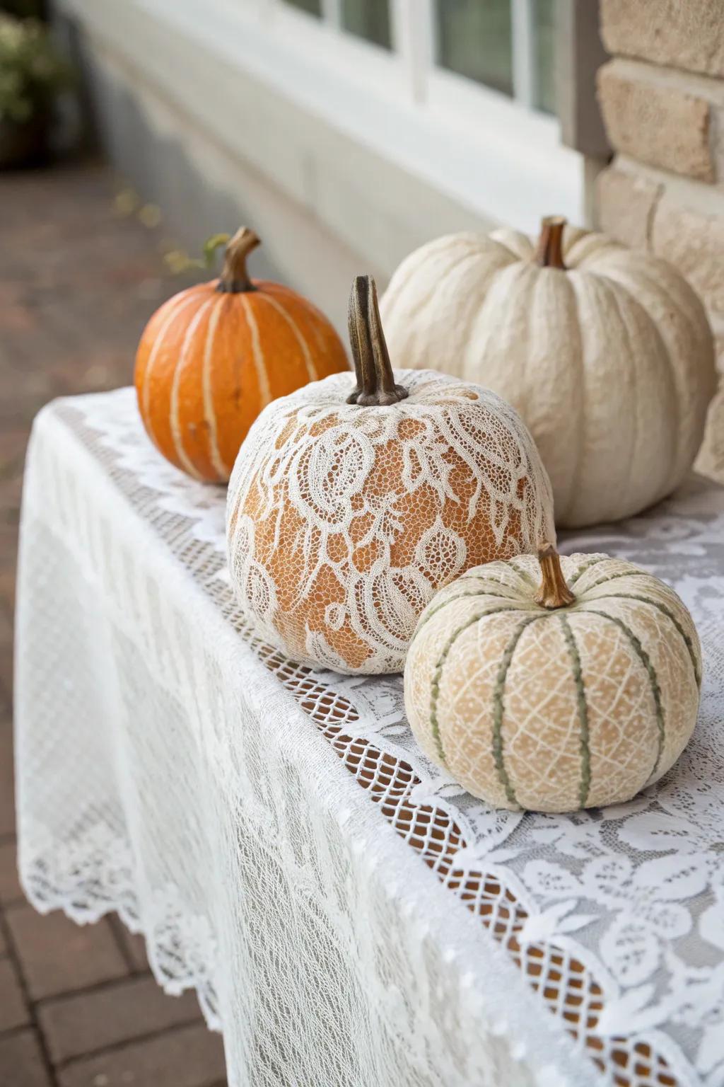 Introduce a touch of elegance with mesh-decorated pumpkins.