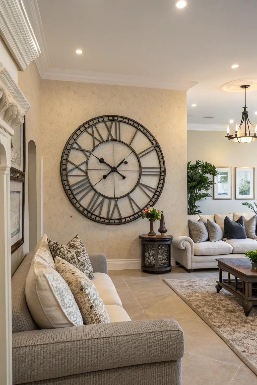 A showpiece timepiece serves as a focal point.