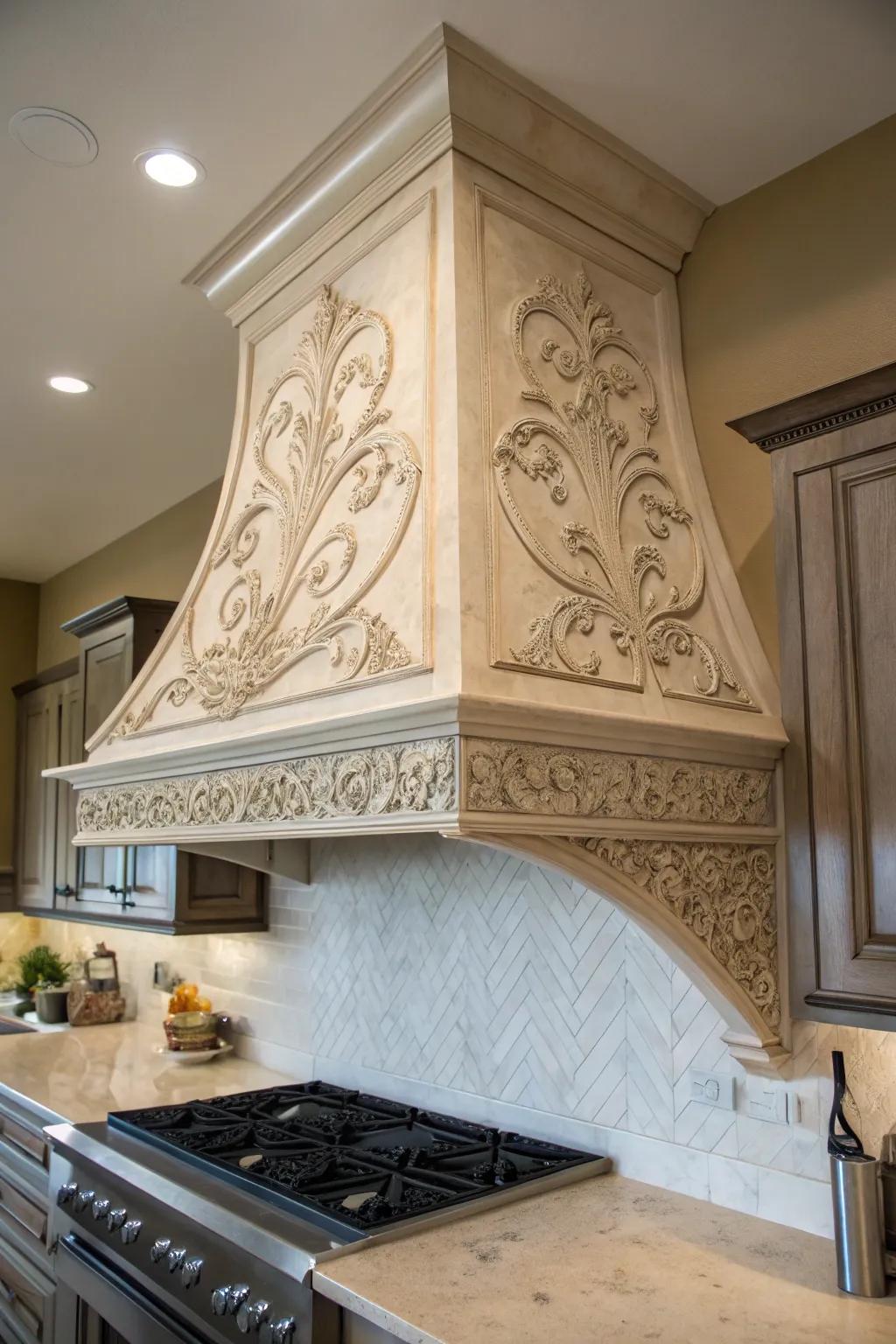 Artistic engravings introduce a distinct detail to your range hood.