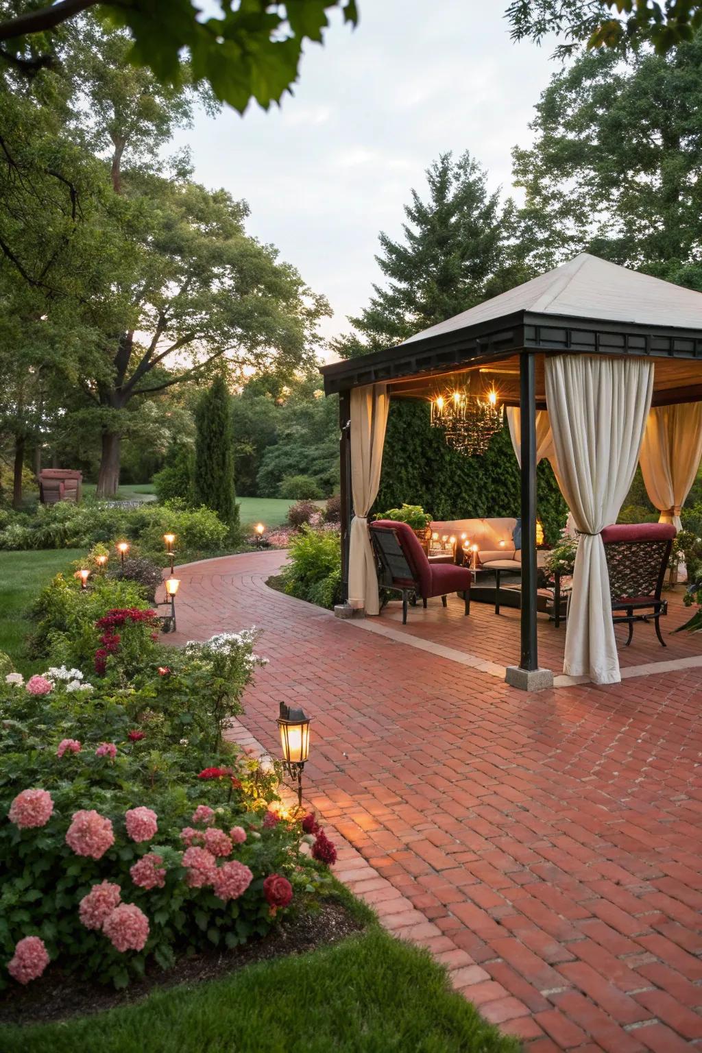 A red brick patio displaying a chic sheltered section for shade