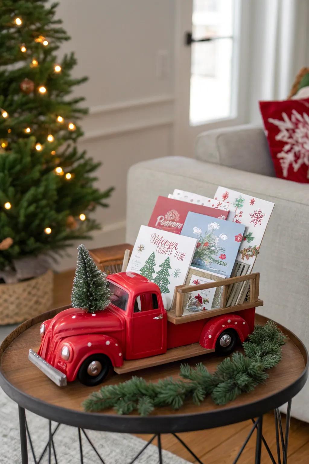 A celebratory crimson pickup card display showcasing holiday greetings.