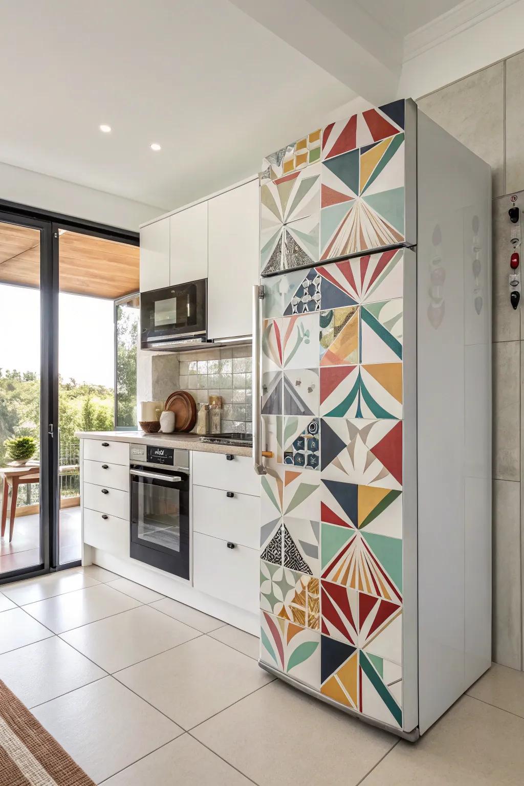 Geometric patterns surrounding the refrigerator generate tasteful flavor.