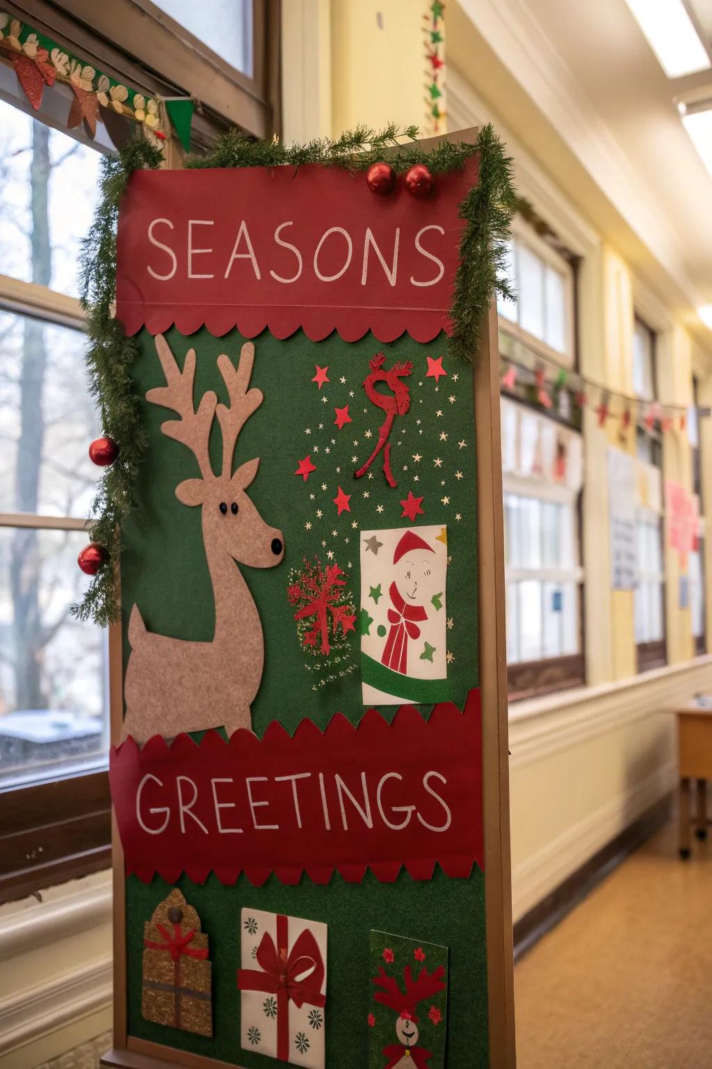 Reindeer with greetings evokes a welcoming holiday bulletin board.