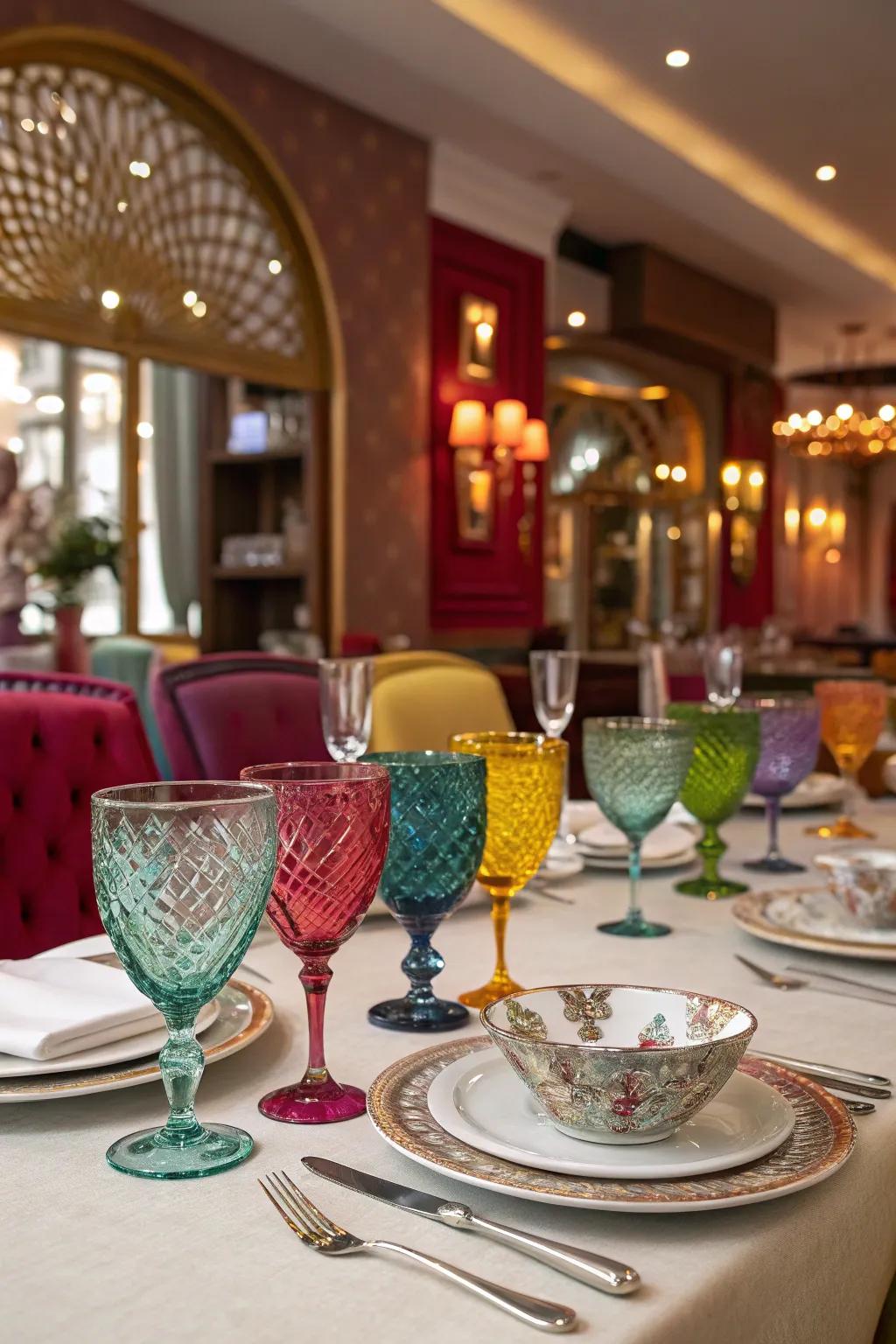 Colored glassware contributes a fun twist to the table.