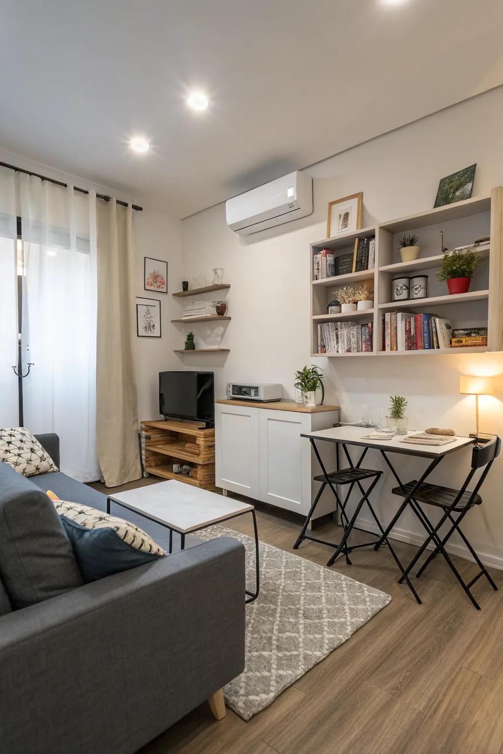 A compact common area showcasing versatile and space-saving furnishings.