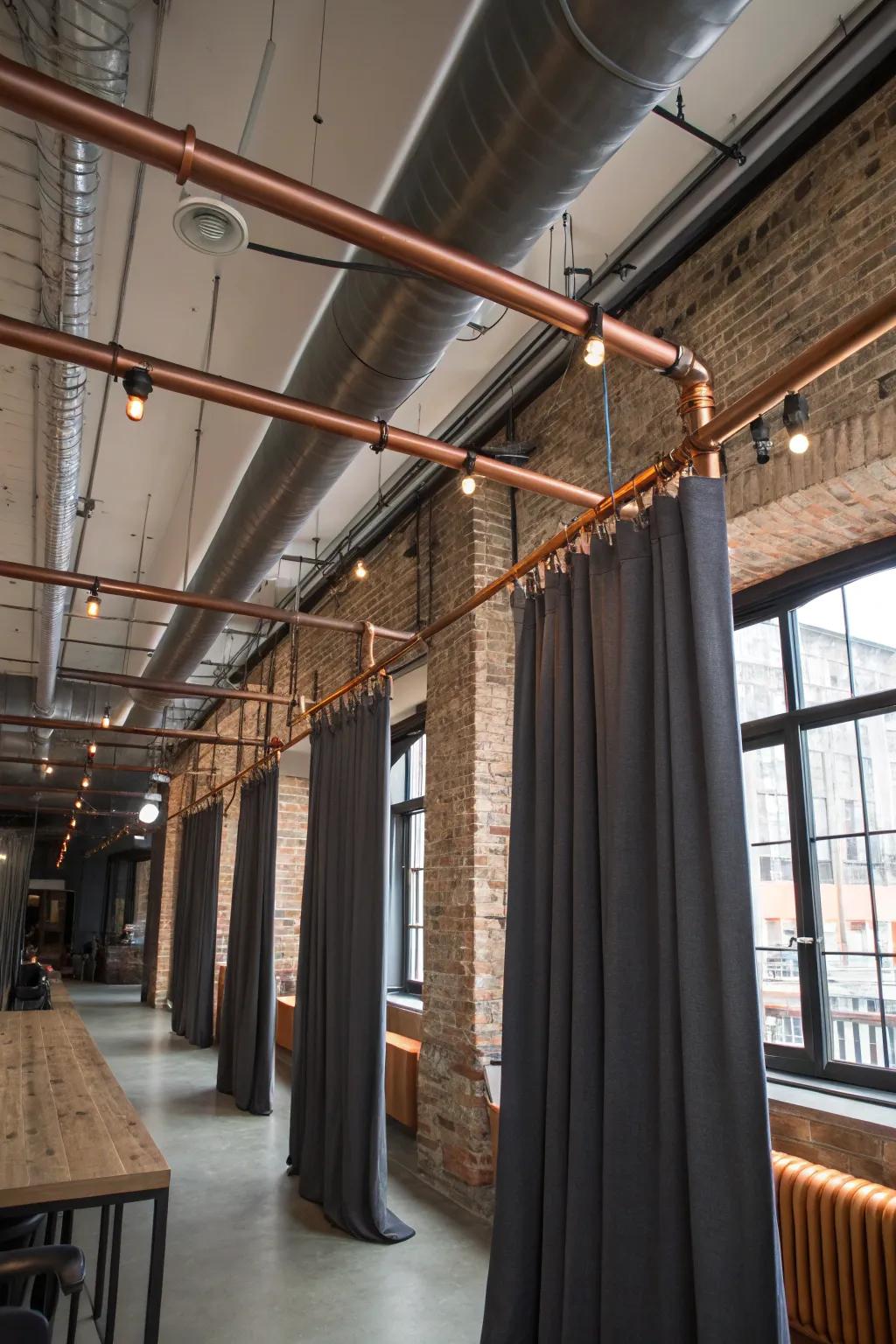 Handcrafted copper pipes bring an industrial chic flair to curtain setups.