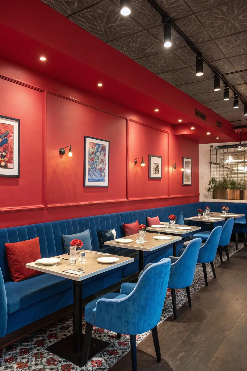 Audacious color schemes contribute to a vibrant and memorable restaurant environment.