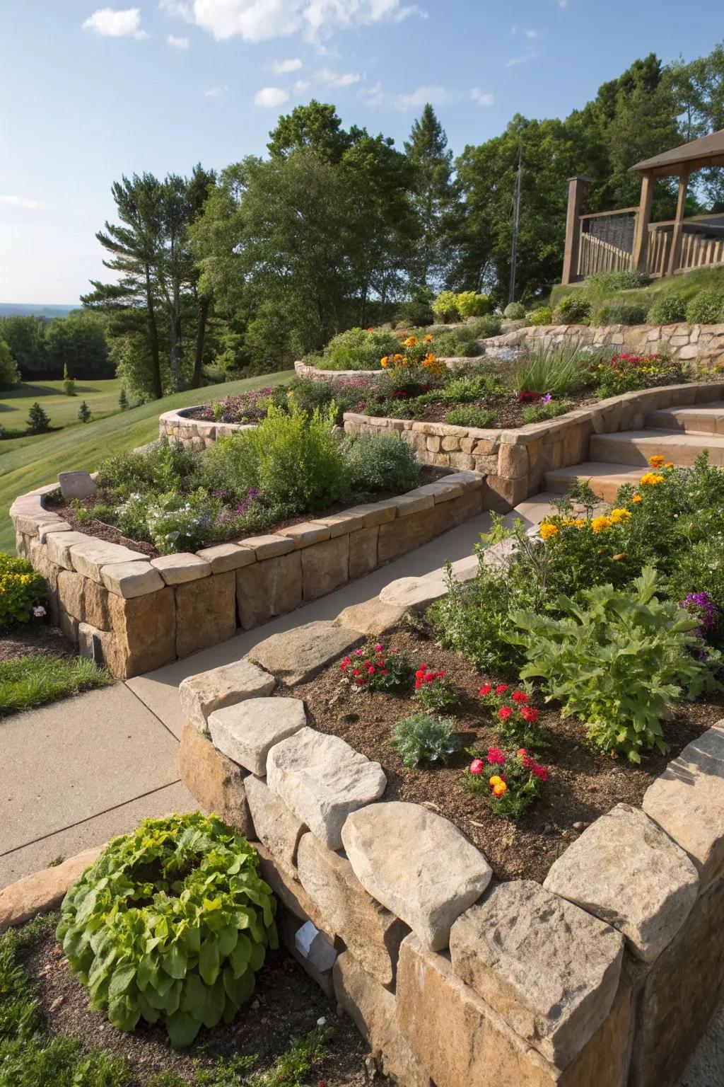 Elevated rock edges provide dimension and structure to garden beds.