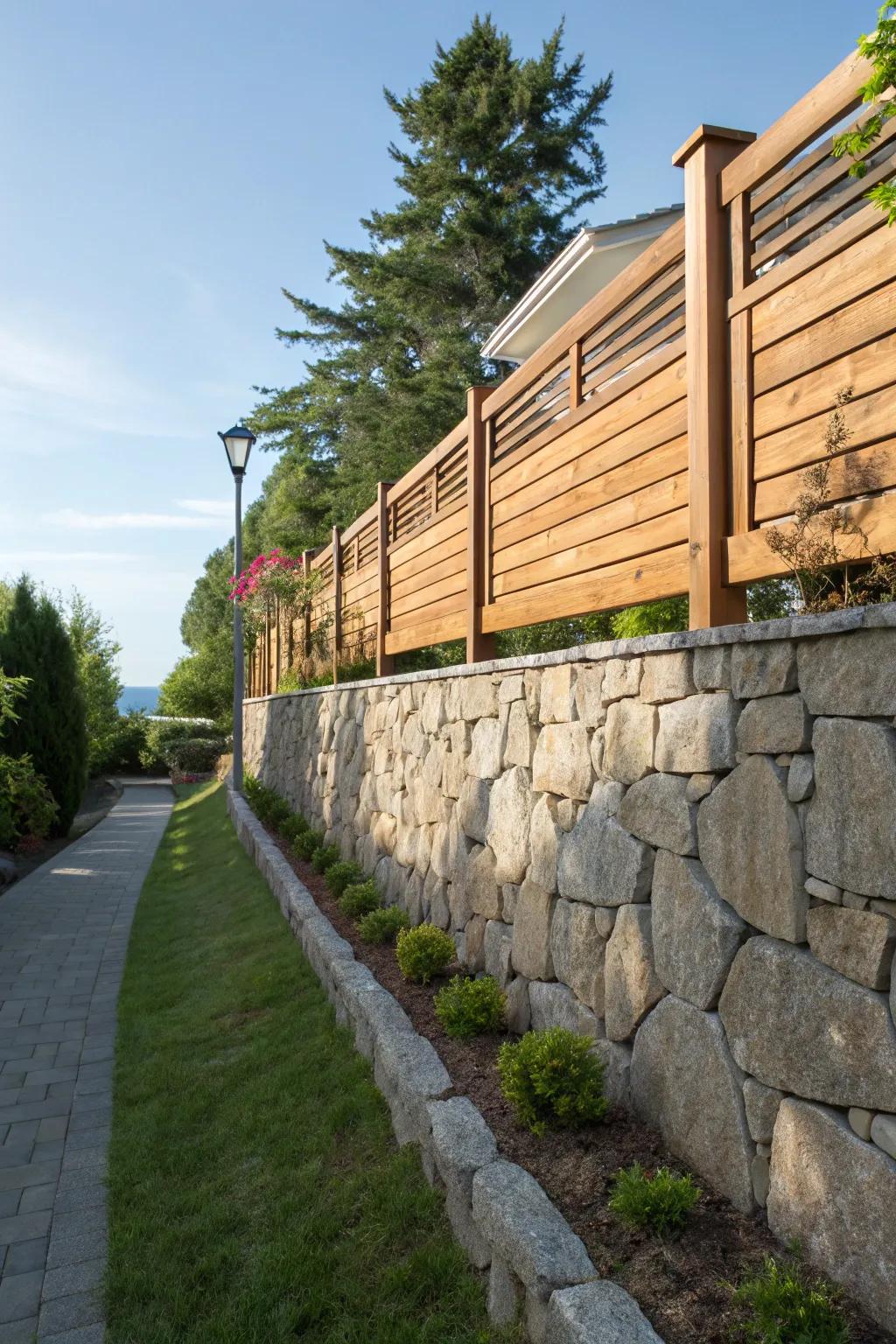 A fence atop a stone structure offers seclusion and elegance.