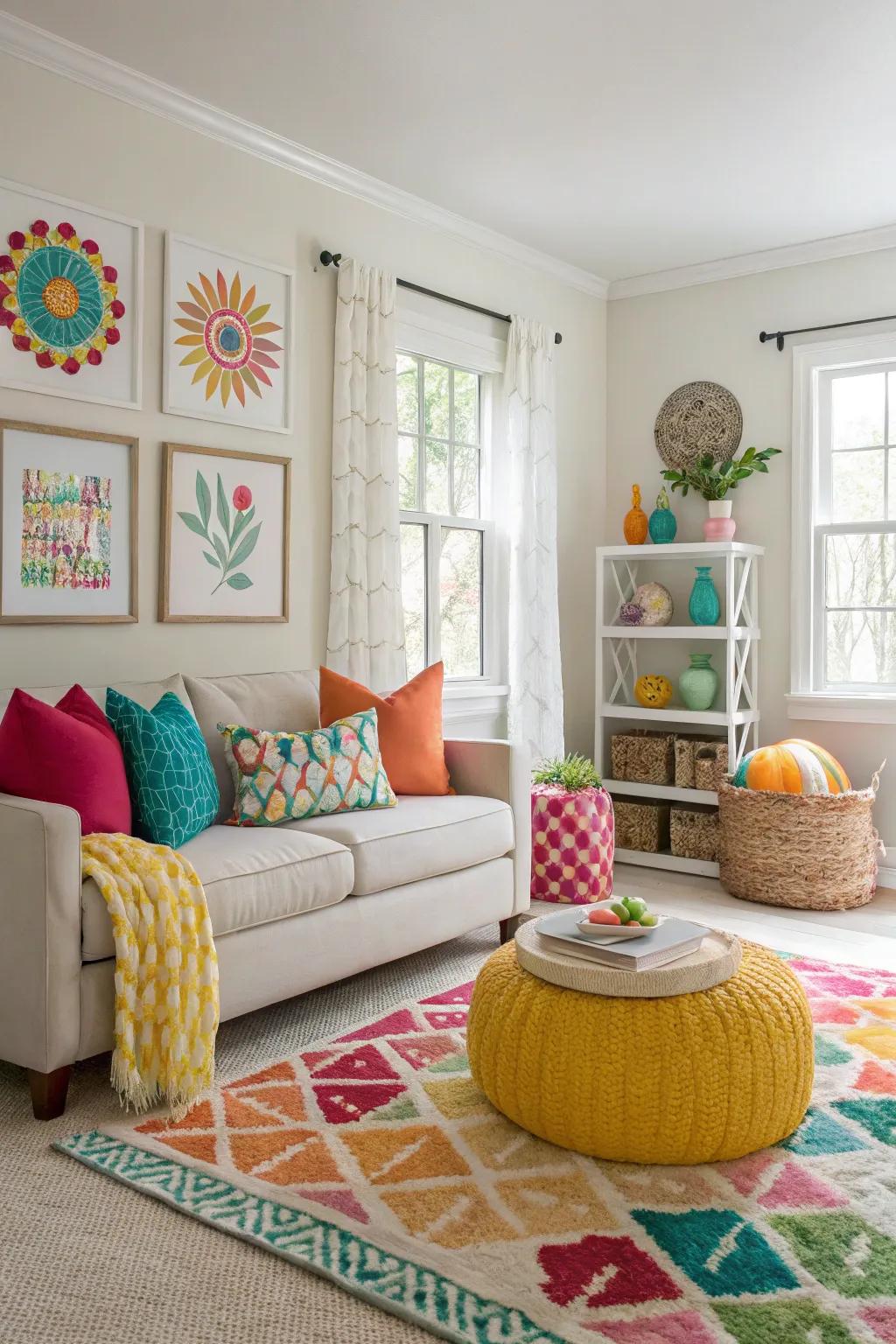 A lively room with unexpected and fun bursts of color.