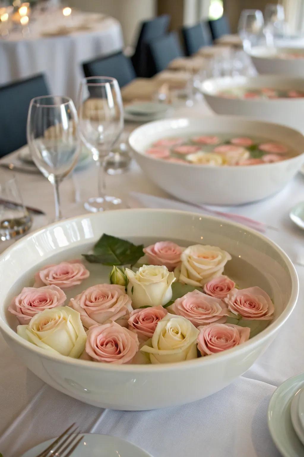 Serene and enthralling featuring floating roses inside bowls.