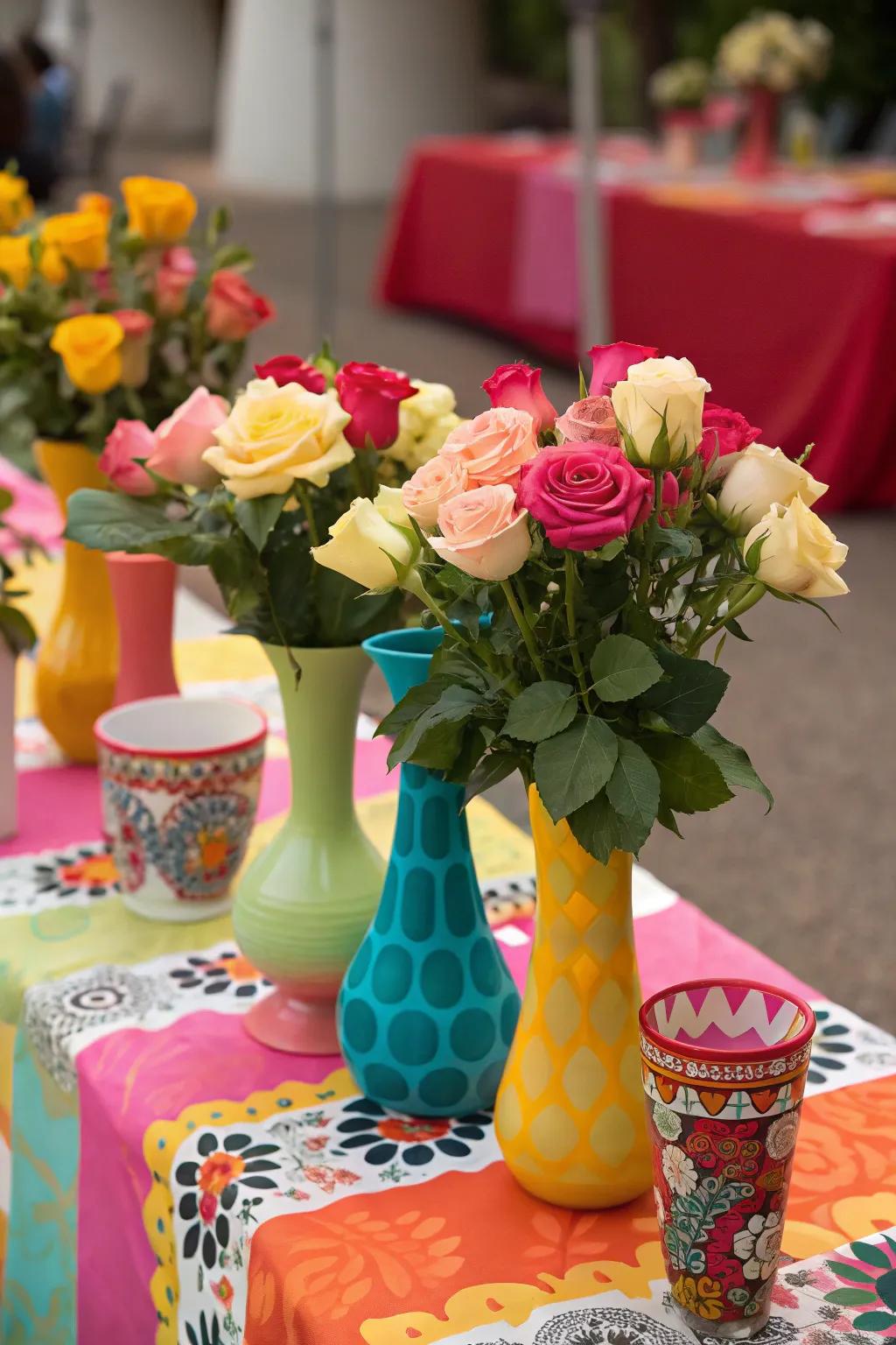Lively Eclectic Mix with Colorful Blossom Holders and Roses