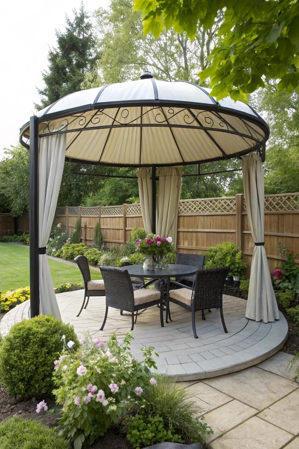 A canopy offers shade and style to this patio.