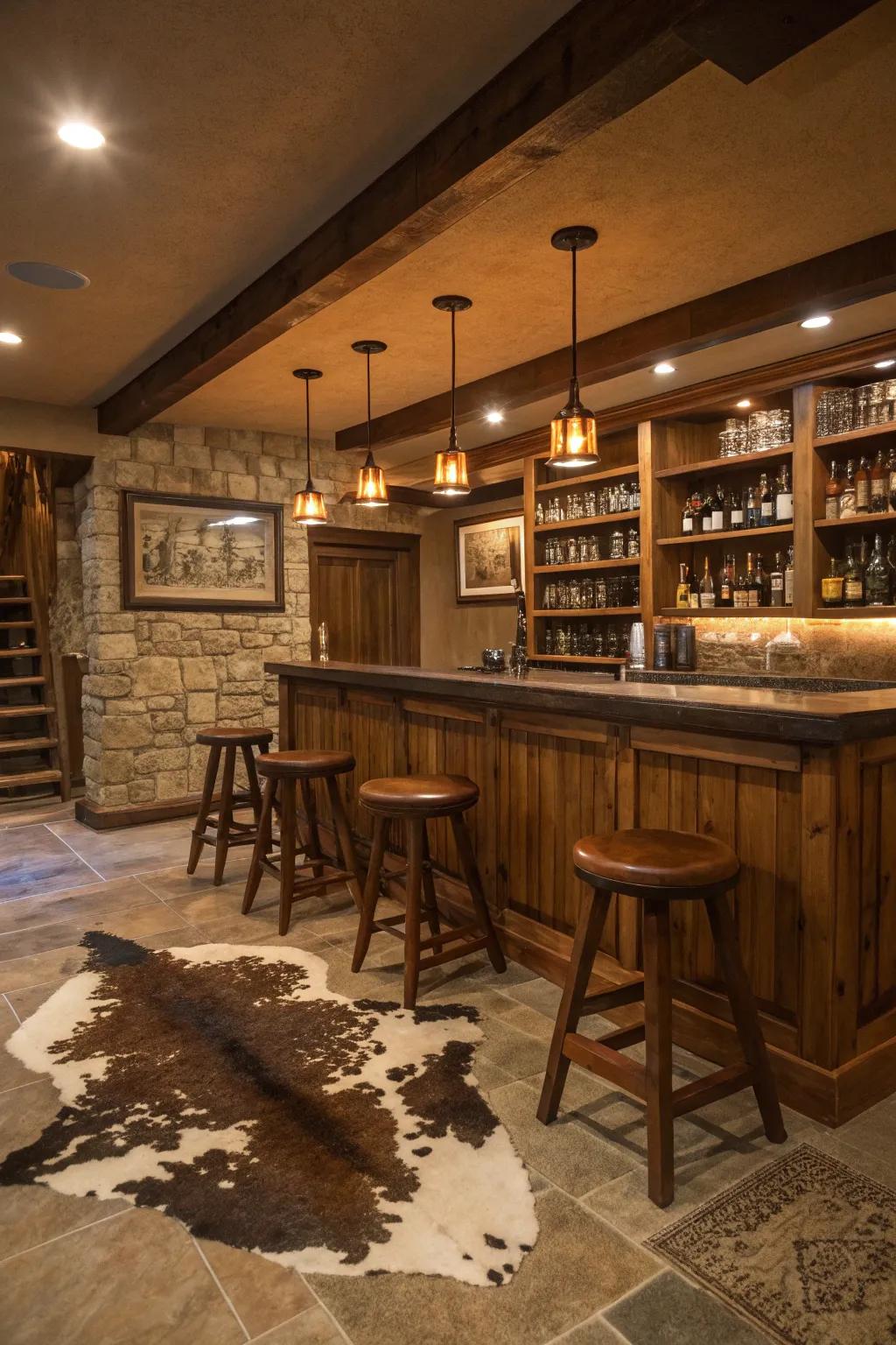 A rug crafted from cattle hide injecting feel and warmth into the bar area.