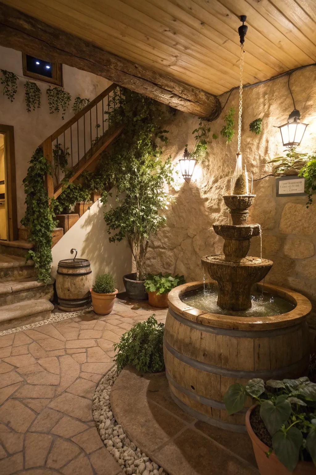 A water feature enhances tranquility within a rustic basement.