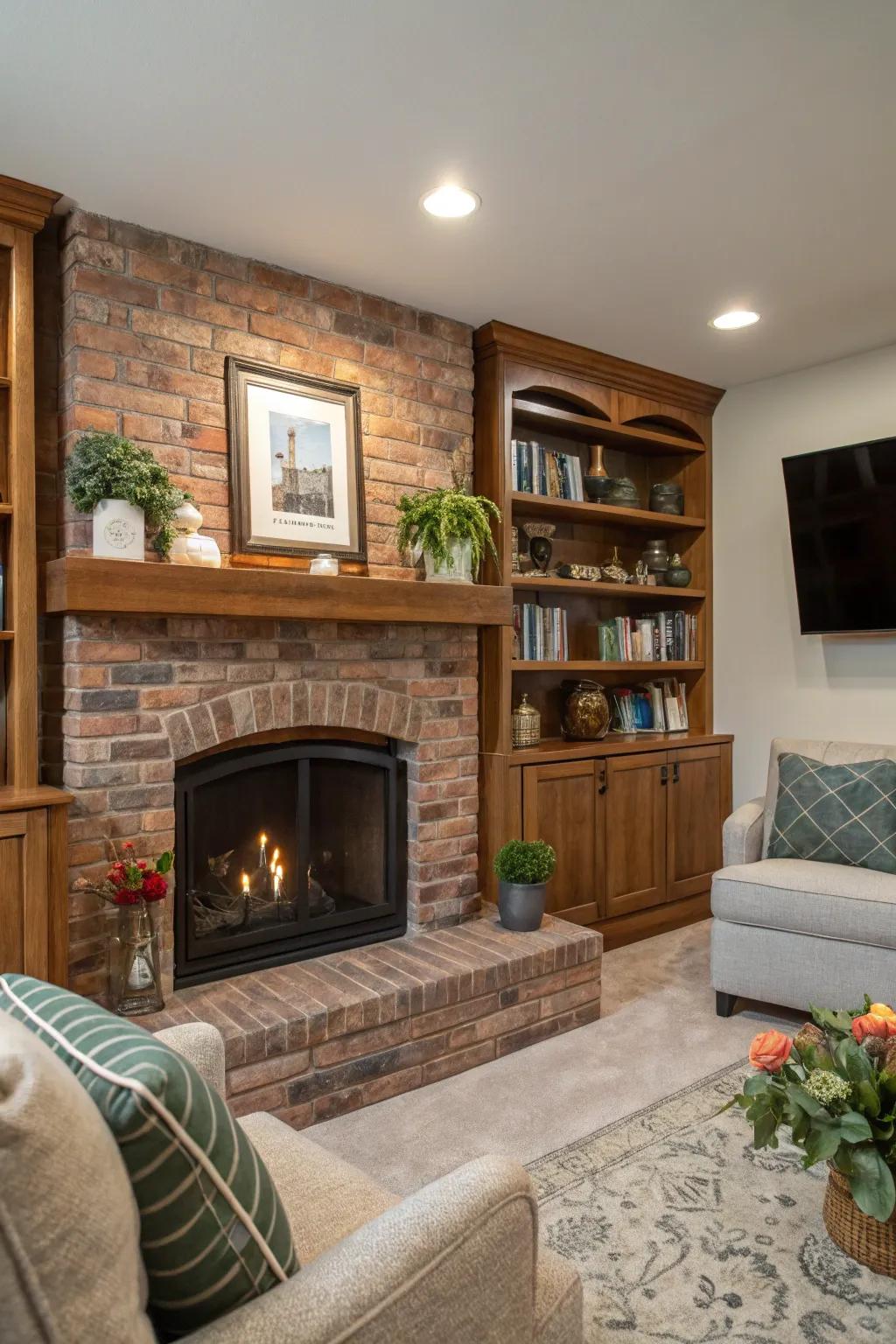 Your fireplace area gains utility and style from integrated shelving.