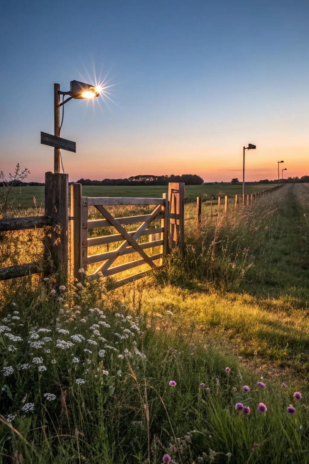A farm gate exquisitely lit with solar powered luminaries.
