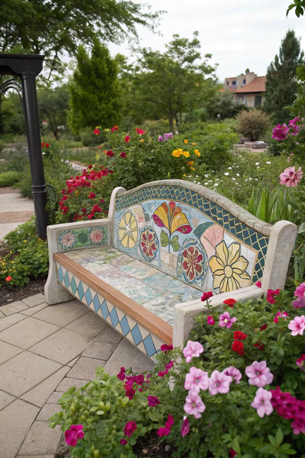 A garden bench decorated with a beautiful tile art pattern.