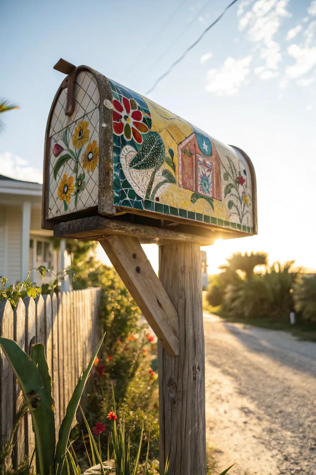 Mosaic tiles transform this mailbox stand into a colorful artistic masterpiece.