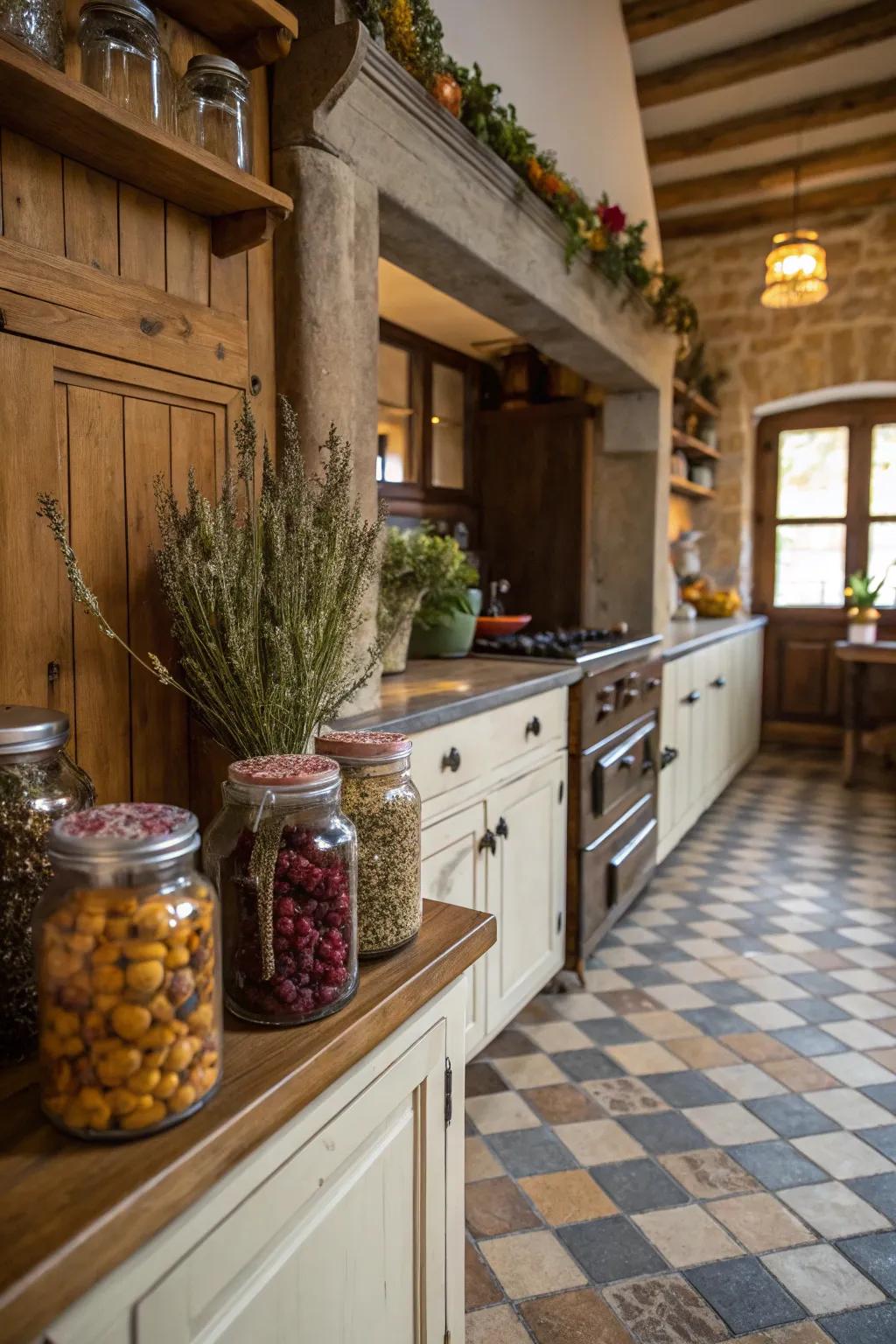 Preserving jars contribute charm and practicality to the kitchen.
