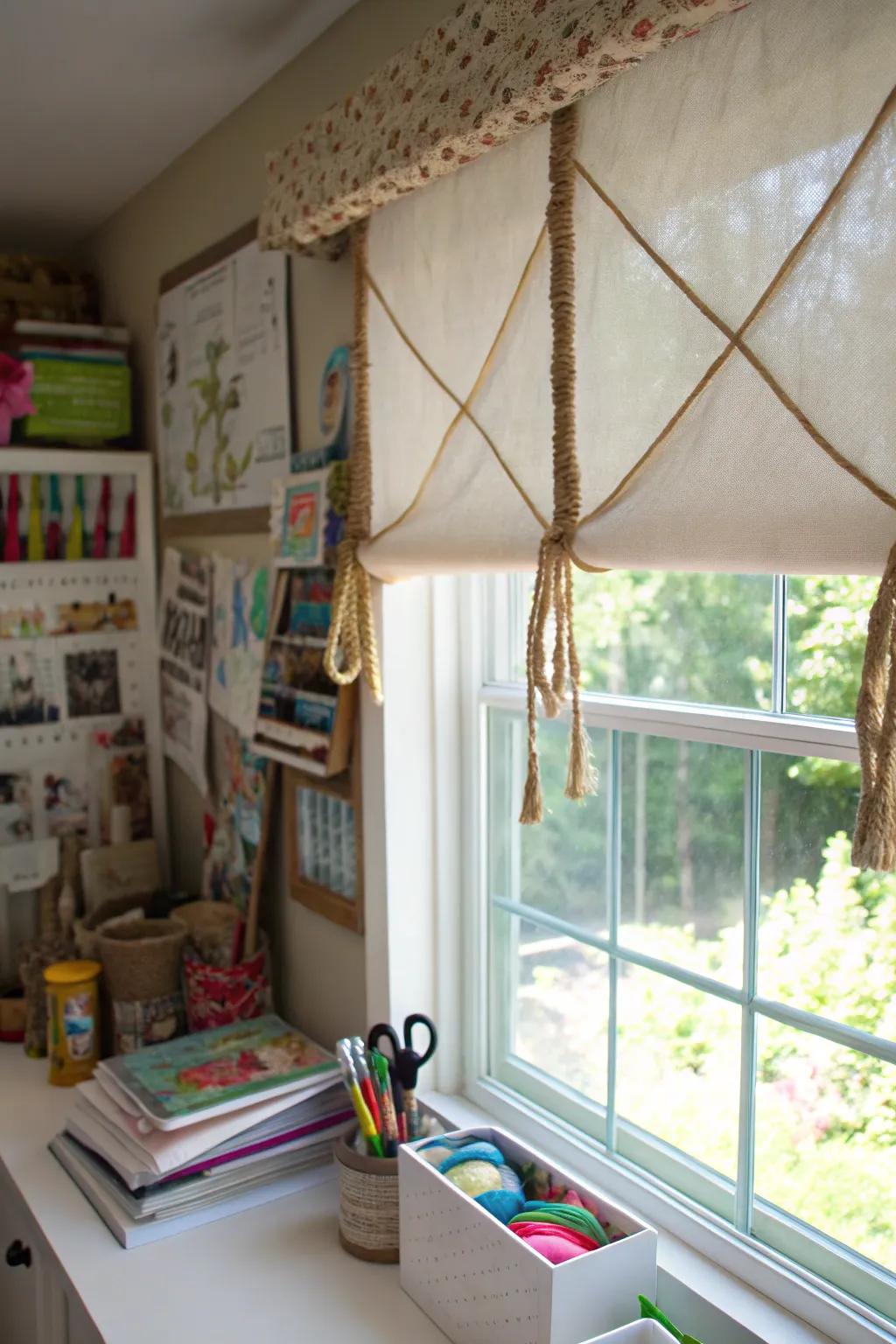 A creative craft room featuring a valance detailing twine features, adding a handmade touch.